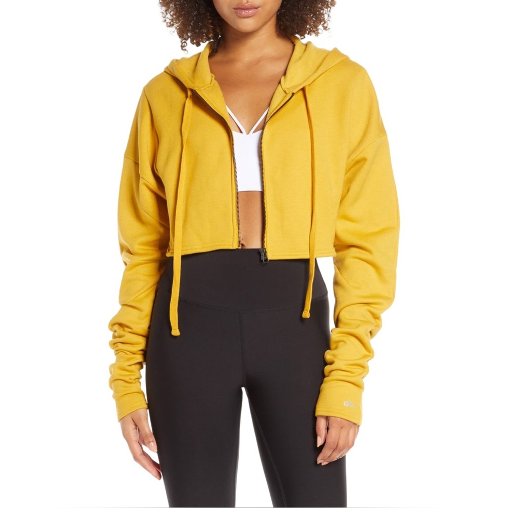 [s] ALO Crop Hoodie Full Zip Size Small Mustard Golden Yellow long sleeve